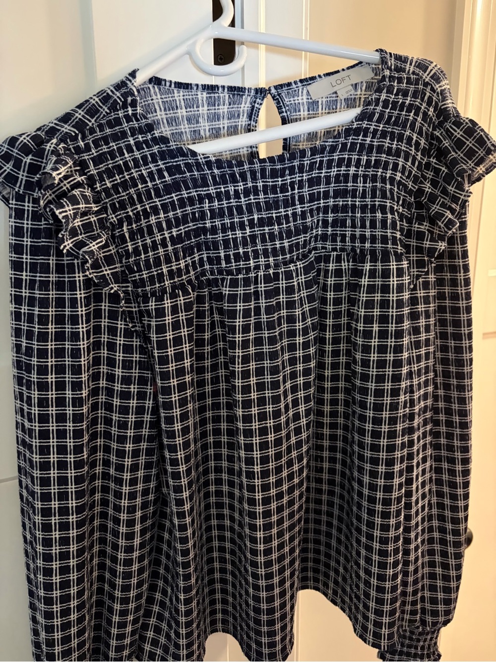 LOFT Navy and White Grid Smocked Tank